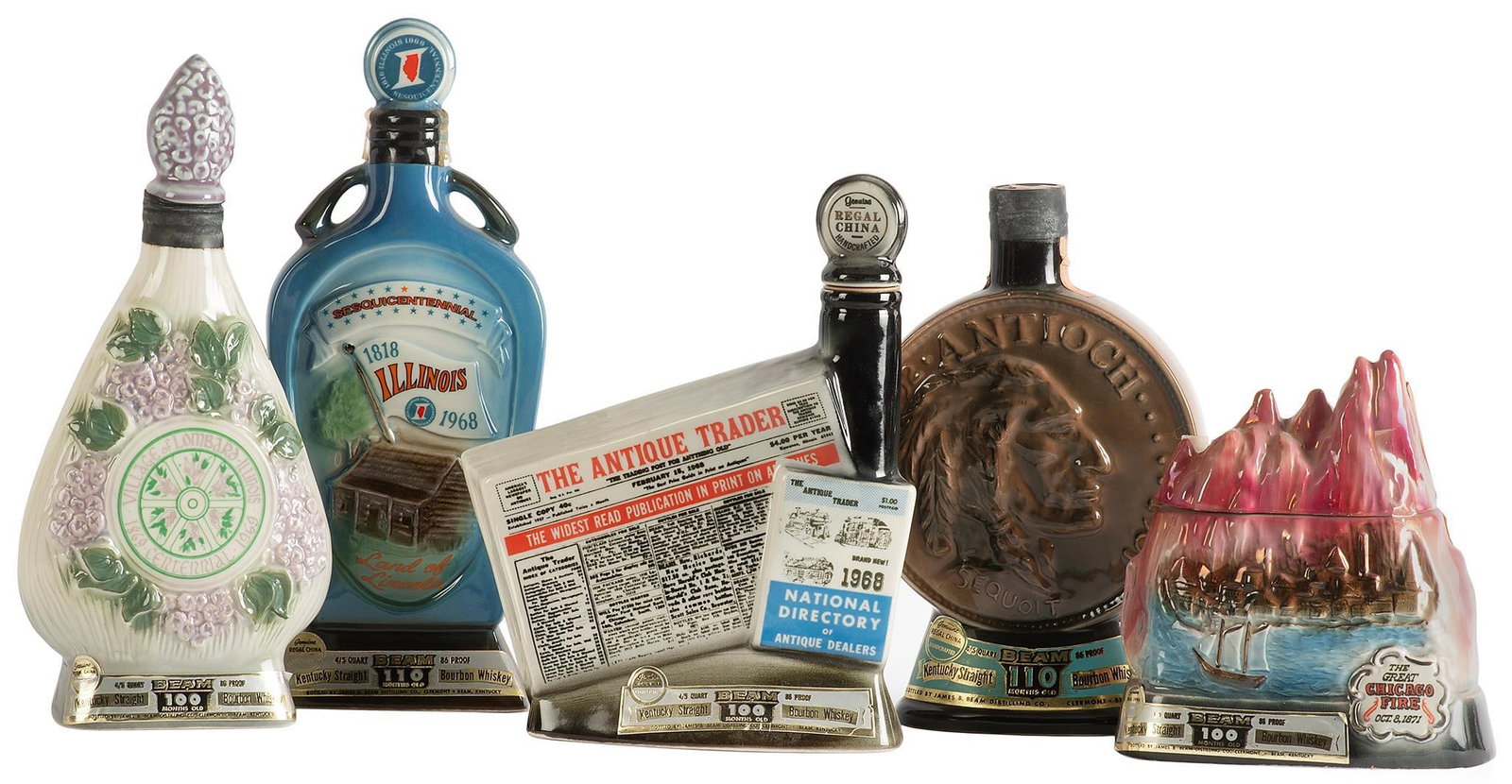 Vintage Jim Beam Illinois Related Porcelain Decanters: Lot consists of 5 vintage Jim Beam porcelain decanters, including The Great Chicago Fire Octo 8, 1871, Village of Lombard Illinois Centennial, Sesquicentennial 1818-1968 Illinois, Kewanee Illinois Hog