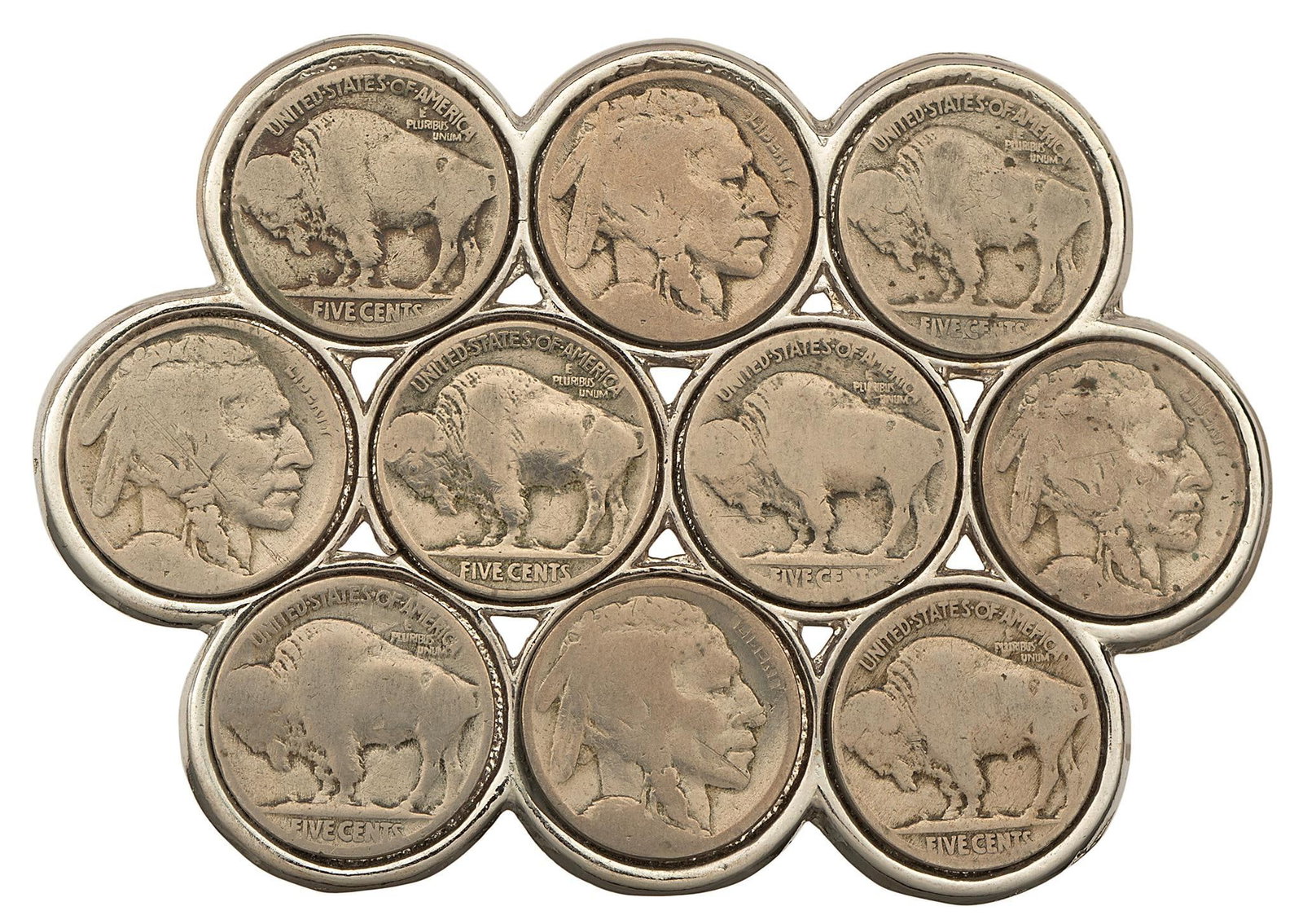 Buffalo Nickle Belt Buckle: Comprised on 10 nickles. Measures 2.5 x 3.75 inches. No markers mark, coins show heavy wear.