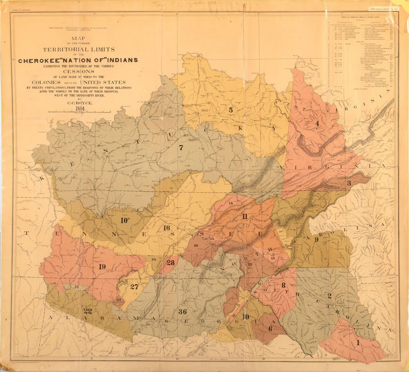 1884 Cherokee Nation of Indians Map by Charles .C. Royce: American, 19th century. A map of the Cherokee Nation of Indians by Charles C. Royce., a map of the territorial limits. Overall good condition. Folds and creases present with minor loss in those areas.