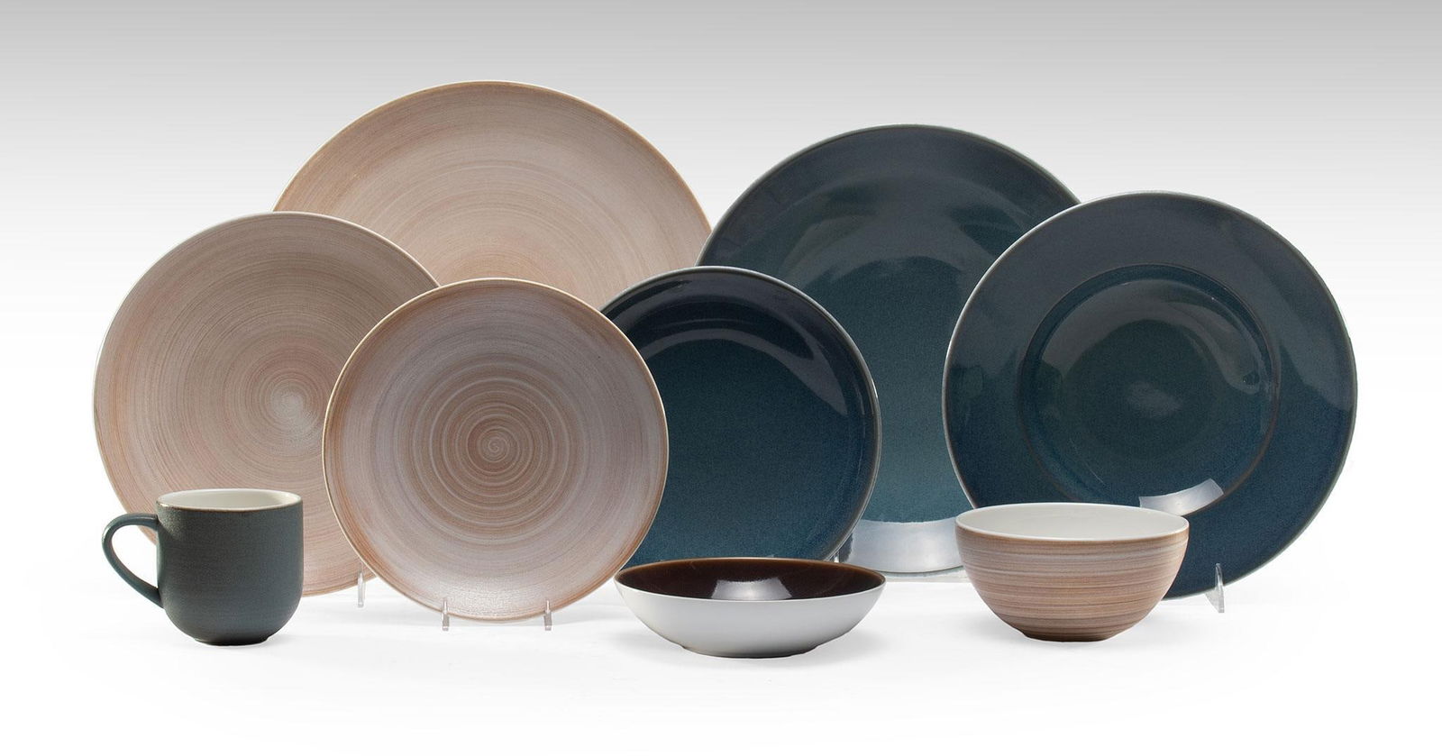 Various Patterned Studio Glaze Royal Crown Derby Dinner Ware Pieces: English, 20th century. A group of 9 pieces of two patterns of Studio Glaze Royal Crowd Derby Fine English Bone China in the Vanilla, Ocean Whisper and Candied Sky, lot includes an Ocean Whisper mug, C