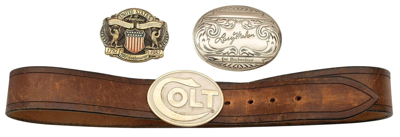 Group of Silver Plated Souvenir Themed Belt Buckles: A grouping of Souvenir buckles. Various themes.