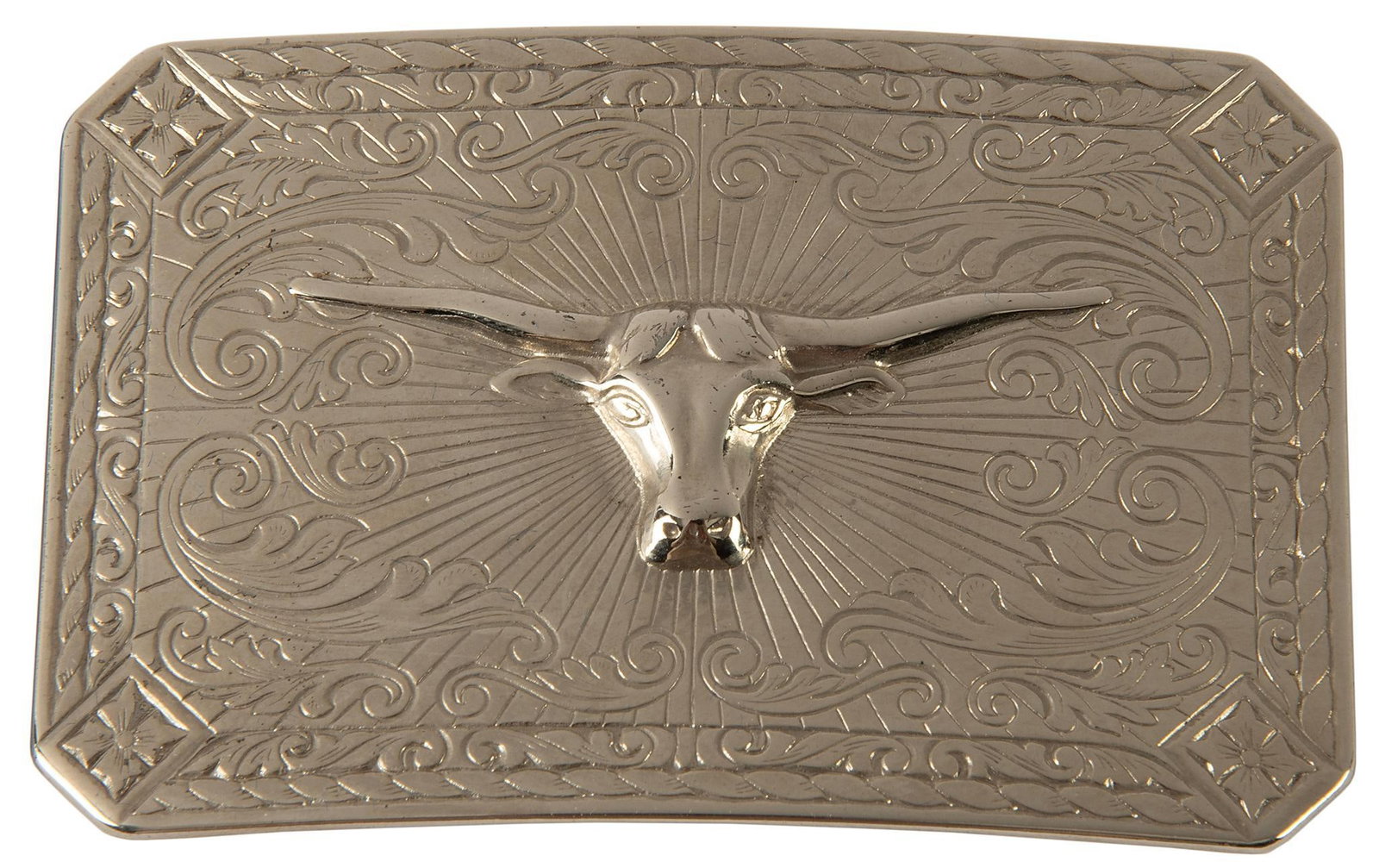 Engraved Belt Buckle by Montana Silversmiths: Engraved and silver plated belt buckle made by Montana Silversmiths. Scroll work and embossed buffalo in the center. Housed in original case, 21st century, like new condition.