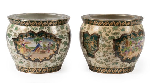 A Pair of Chinese Planters with European Courting Scene