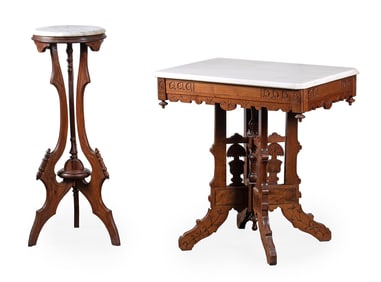 Victorian Eastlake Marble Top Parlor Table and Fern Stand