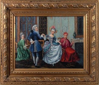 A Continental Courting Scene Oil on Board by B. Sung