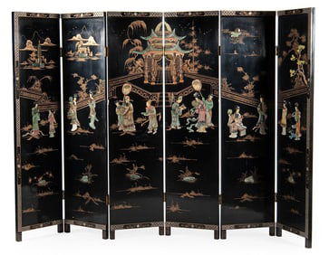 Chinese Lacquered Screen and Coffee Table W/ Stools