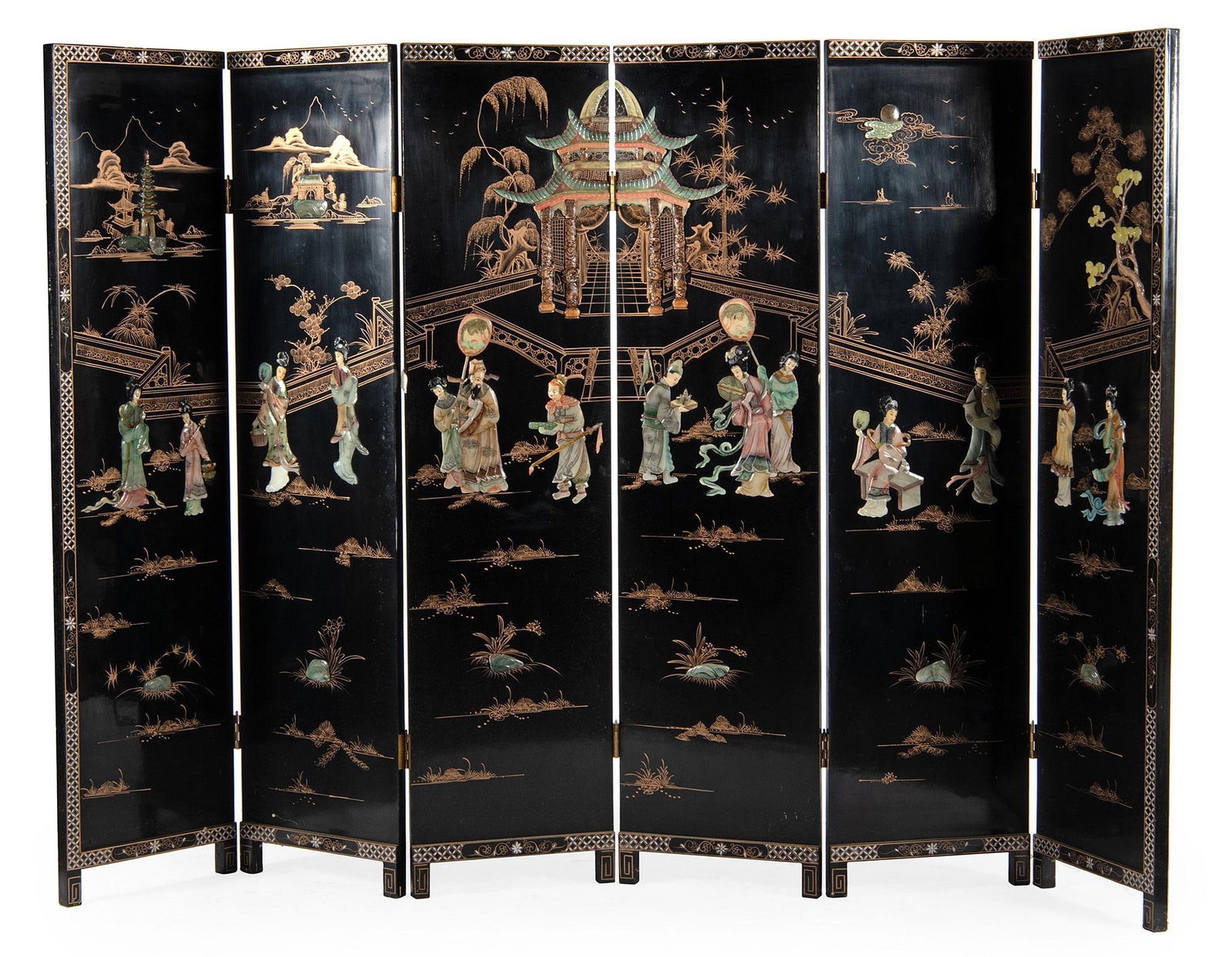 Chinese Lacquered Screen and Coffee Table W/ Stools (1 of 3)