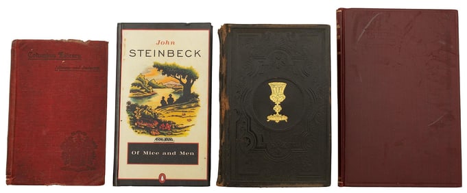 Group of 4 Antique Books: 19th & 20th Century Literature, Religious Hymnbook, and Steinbeck's Of