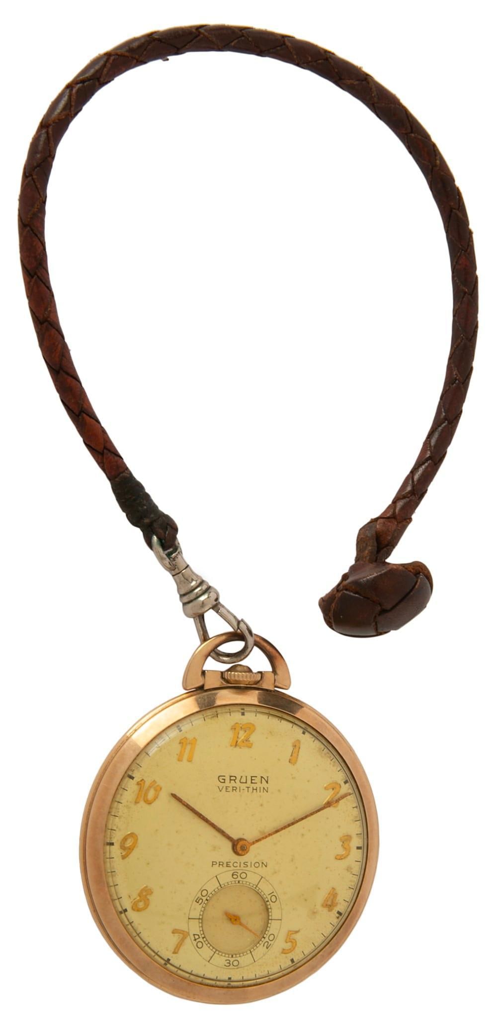 Gruen Veri-Thin 10K Gold Filled Pocket Watch: Swiss, early 20th century. A Gruen Veri-Thin Precision 10K gold filled 17 Jewel pocket watch, mechanics marked 4-181999, case marked G777321 385-571 10K Gold Filled made in U.S.A. Overall good conditi