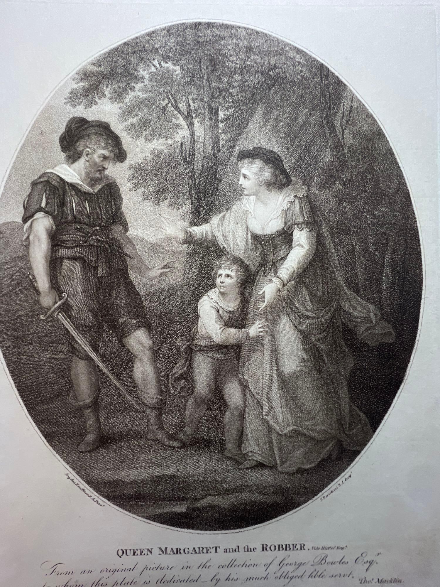 A Group of 6 Interior and Landscape Scene Engravings by Francesco Bartolozzi: Lady Jane Gray, Queen Margaret and the Robber, Lord Thomas and Fair Annett engravings on paper sculpt F. Bartolozzi 14 x 10.75 inches (plate) unframed Overall good condition. Foxing and perimeter pape