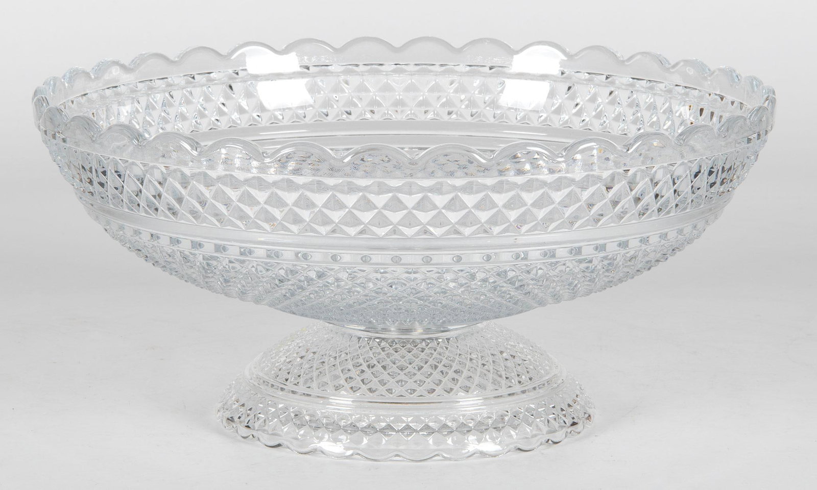 A Baccarat "Diamant" Crystal Centerpiece Bowl: French, 20th century. A new in box Baccarat crystal centerpiece bowl in the Diamant collection with scalloped edge and foot; ht. 5.25 x dia. 11.25 inches. Overall good condition.