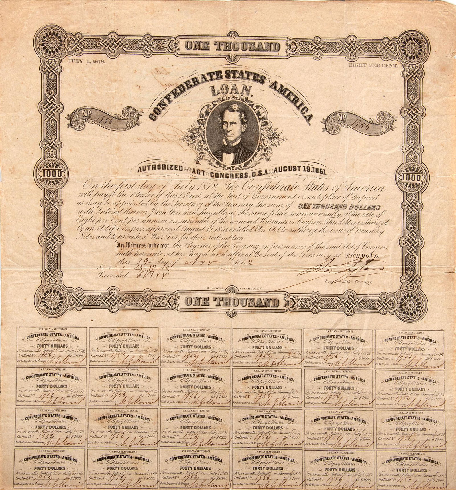 Confederate States of America $1000 Loan 1862: A original $1000 Confederate bond Authorized by the act of Congress CSA of August 19 1861 loan number 1956. Light toning and folding present due to age and fragility. Roughly 2,176 made.