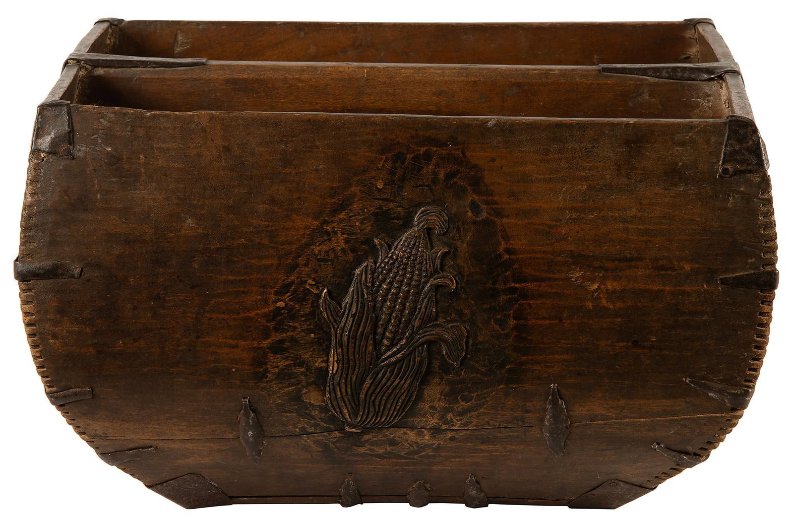 Antique Chinese Wooden Rice Grain Basket: Chinese, 19th century. A Chinese rice grain basket with wrought iron banding, body with corn stalk carvings; ht. 9.75 x 16 inches. Overall good condition.