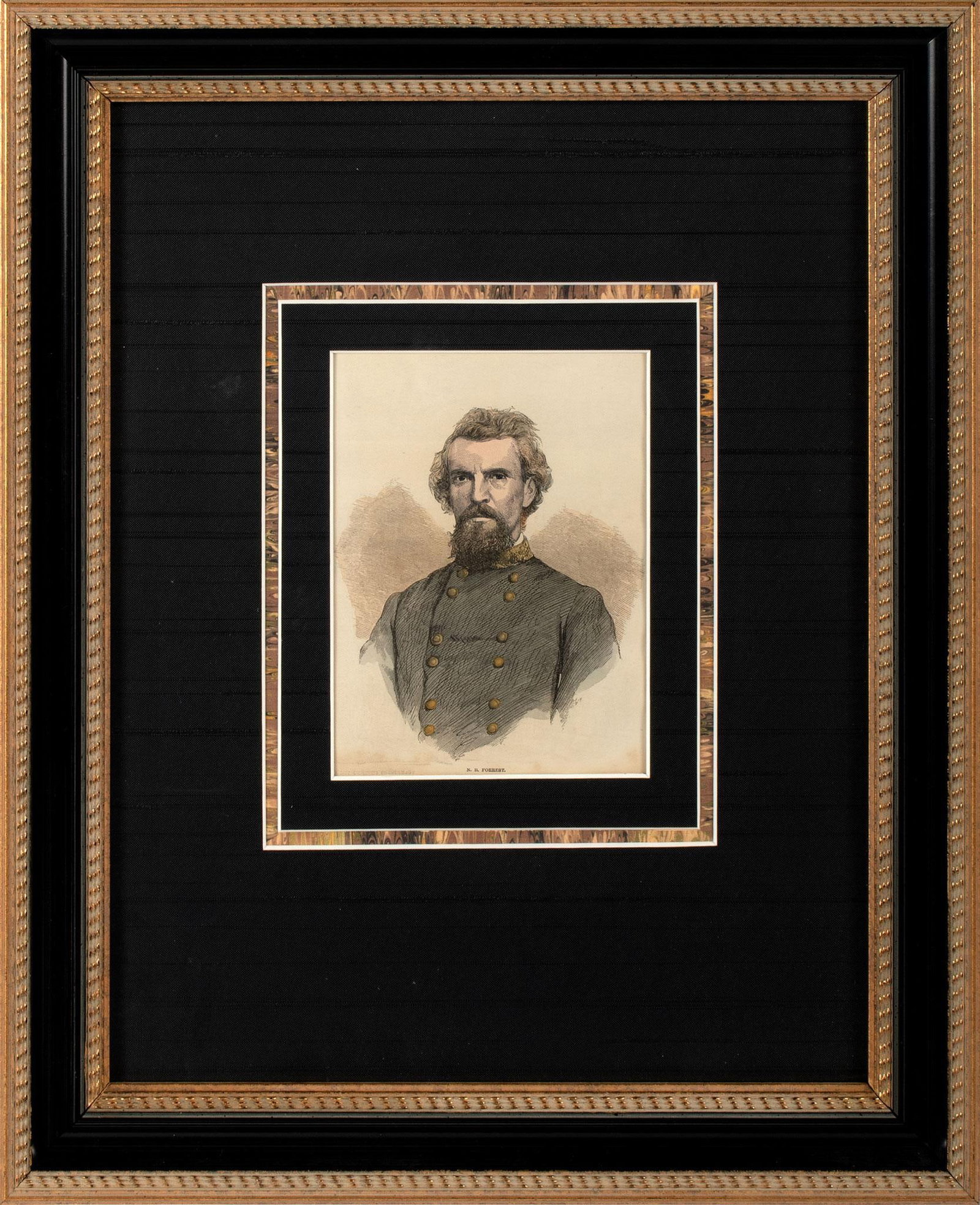 Rare Hand Colored Engraving of Nathan B. Forrest: Hand colored engraving of Nathan B. Forrest. Circa 19th century, Measures 16.5 x 13.5 inches (frame), 6 x 4.5 inches (Plate).