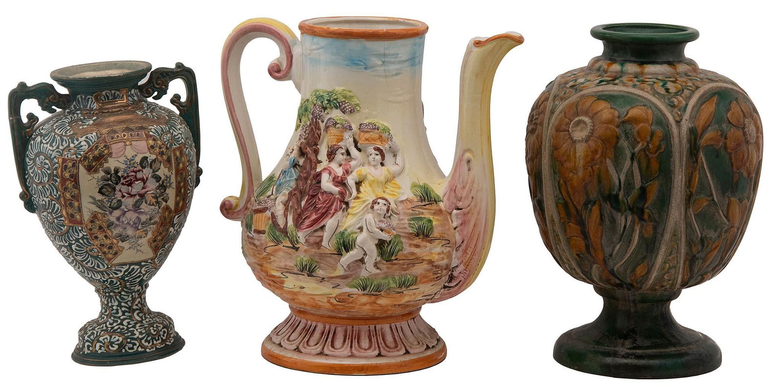 A Group of Three Various Earthenware Vases Including Capodimonte: Continental, 20th century. A group of three various earthenware vases and pitchers; largest ht. 13, wd. 11, dp. 9 inches. Overall good condition. Minor hairline crack to the pitcher around mouth