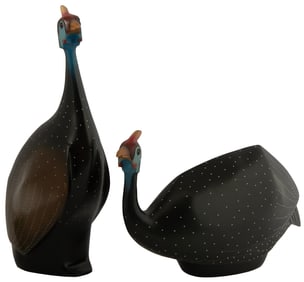 Two Hand Carved and Hand Painted New Guinea Fowls