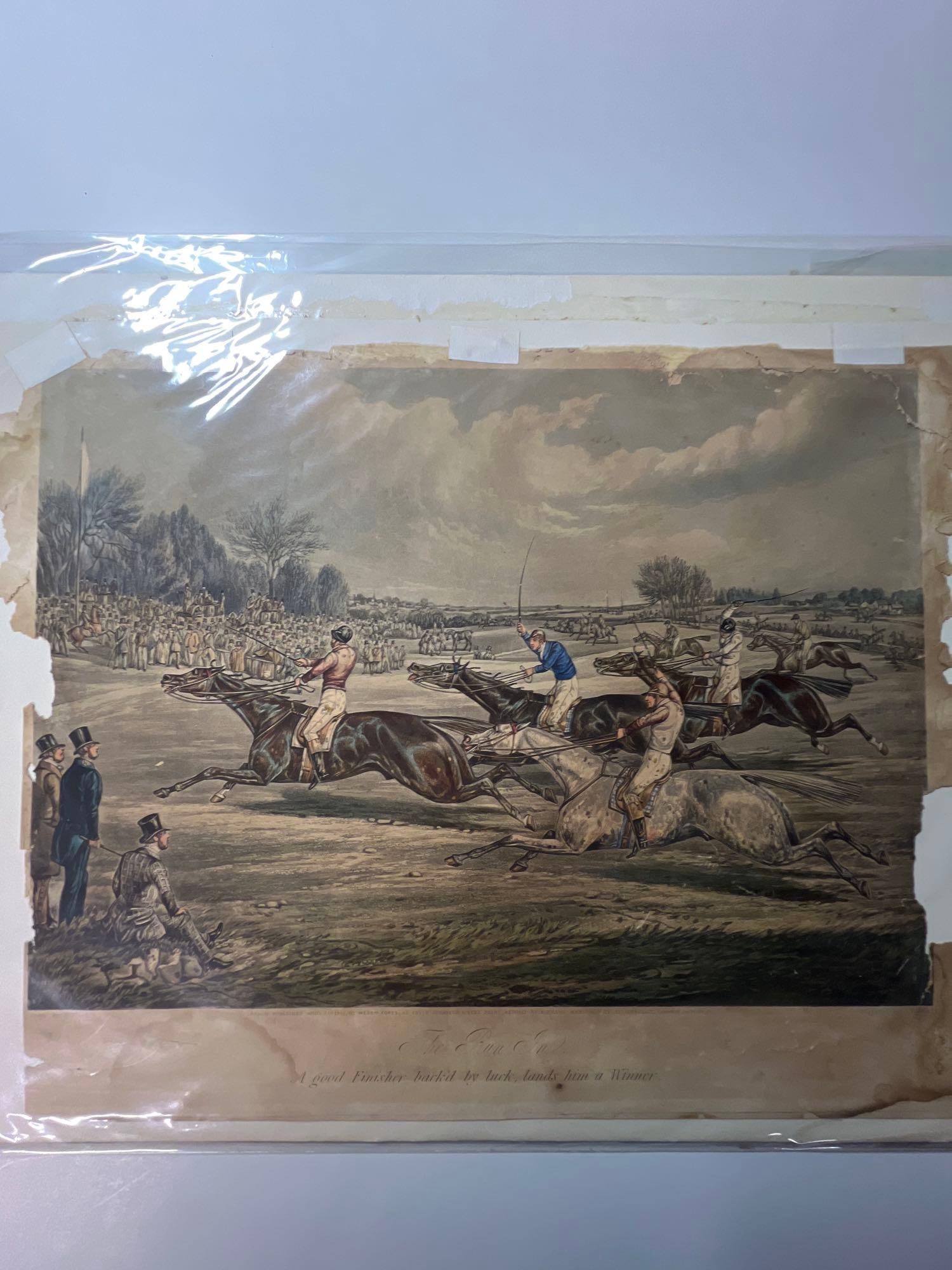 British Sporting Art Engraving by J. Harris: The Run in, A Good Finisher Back'd by Luck, Lands Him a Winner colored engraving drawn by H. Alken engraved by J. Harris London published 1848 13 x 16.5 inches (paper) unframed Overall fiar condition.