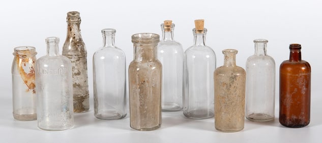 A Group of 10 Early American Glass Bottles and Jars