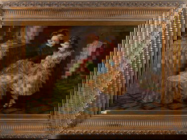 Oil on Canvas Mother and Child Interior Scene
