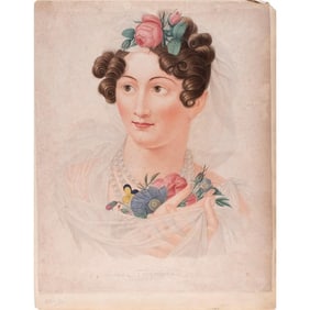 Jules Antoine Vaulthier Colored Portrait Engraving of a Young Lady