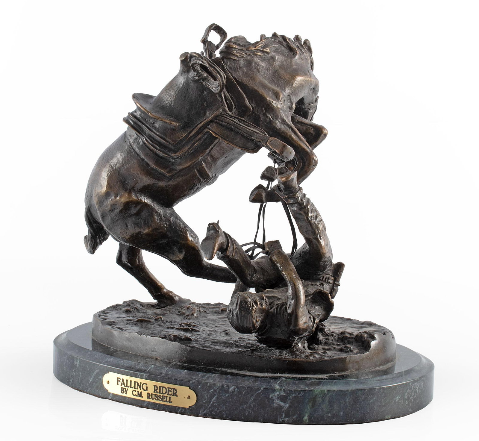 Falling Rider Bronze Sculpture After C.M. Russell: Falling Rider Bronze Sculpture After Charles Marion Russell 10 x 10.5 inches (sculpture) Rising on Shaped Marble Base Overall good condition.