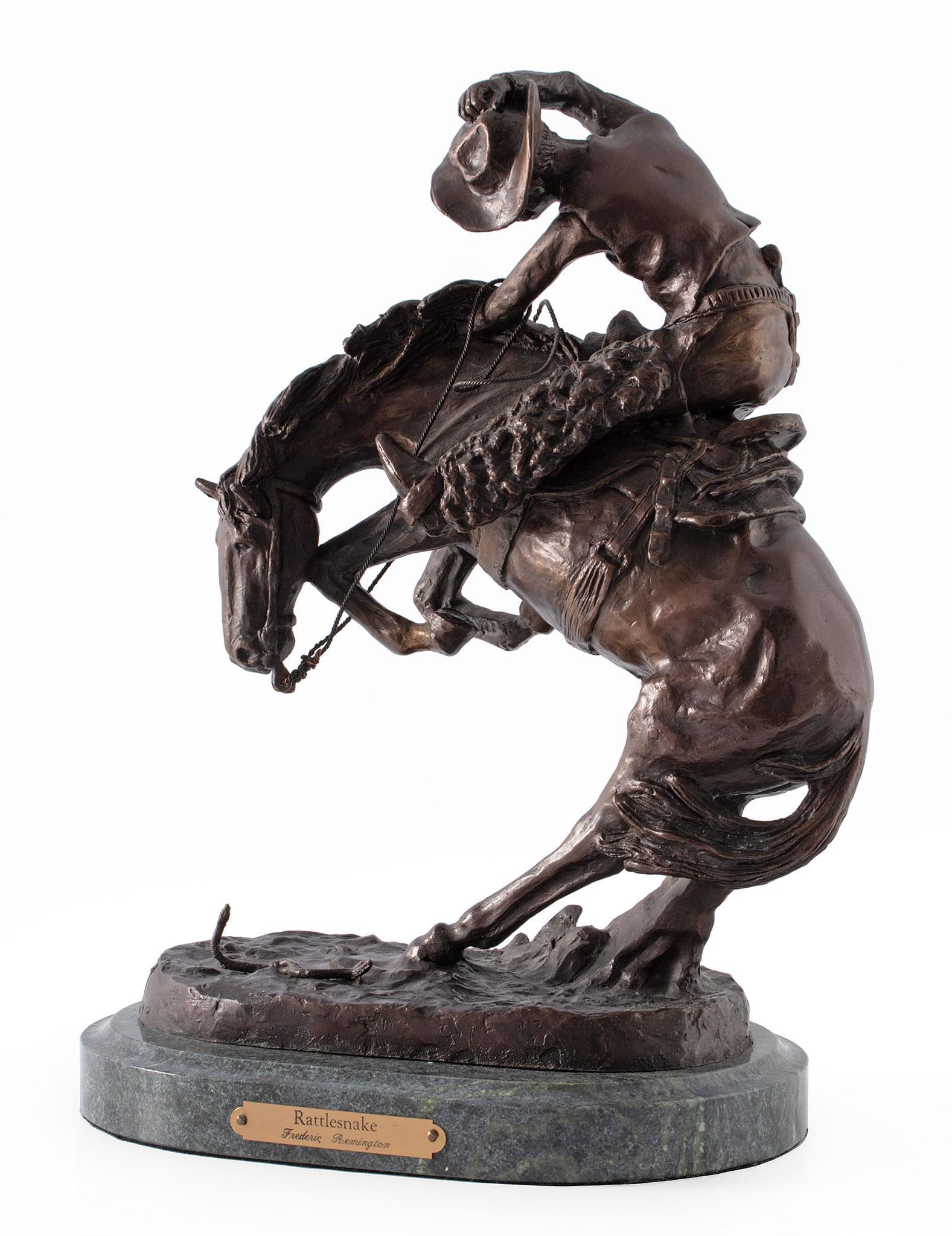 Rattlesnake Bronze Sculpture After Frederic Remington: Rattlesnake Bronze Sculpture After Frederic Remington Copyright by Frederic Remington Signature 13 x 10 inches (sculpture) Rising on Shaped Marble Base Overall good condition.