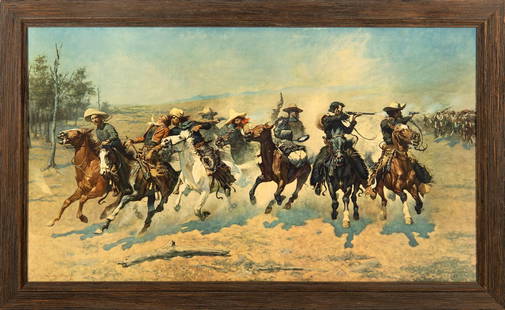 Frederic Remington "A Dash for Timber" Lithograph: A Dash for Timber 20th Century Lithograph Frederic Remington 1889 l.l. 21 x 37.5 inches (sight) 26 x 42.5 inches (frame) Housed in a Wooden Frame Overall good condition. Clossons of Cincinnati Label o