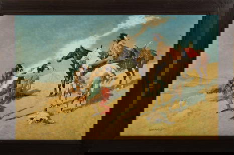 Frederic Remington "The Smoke Signal" Lithograph: The Smoke Signal 20th Century Lithograph Frederic Remington l.l. 23 x 38 inches (sight) 29 x 43 inches (frame) Housed in Wooden Frame Overall good condition. Clossons of Cincinnati Label on Verso.