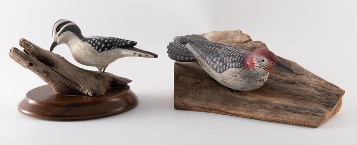 Two Folk Art Carved Woodpeckers