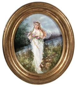 Large Hand Painted Porcelain Plaque in the Manner of Edouard Bisson
