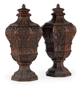 Monumental Pair of Carved Mahogany Knife Boxes
