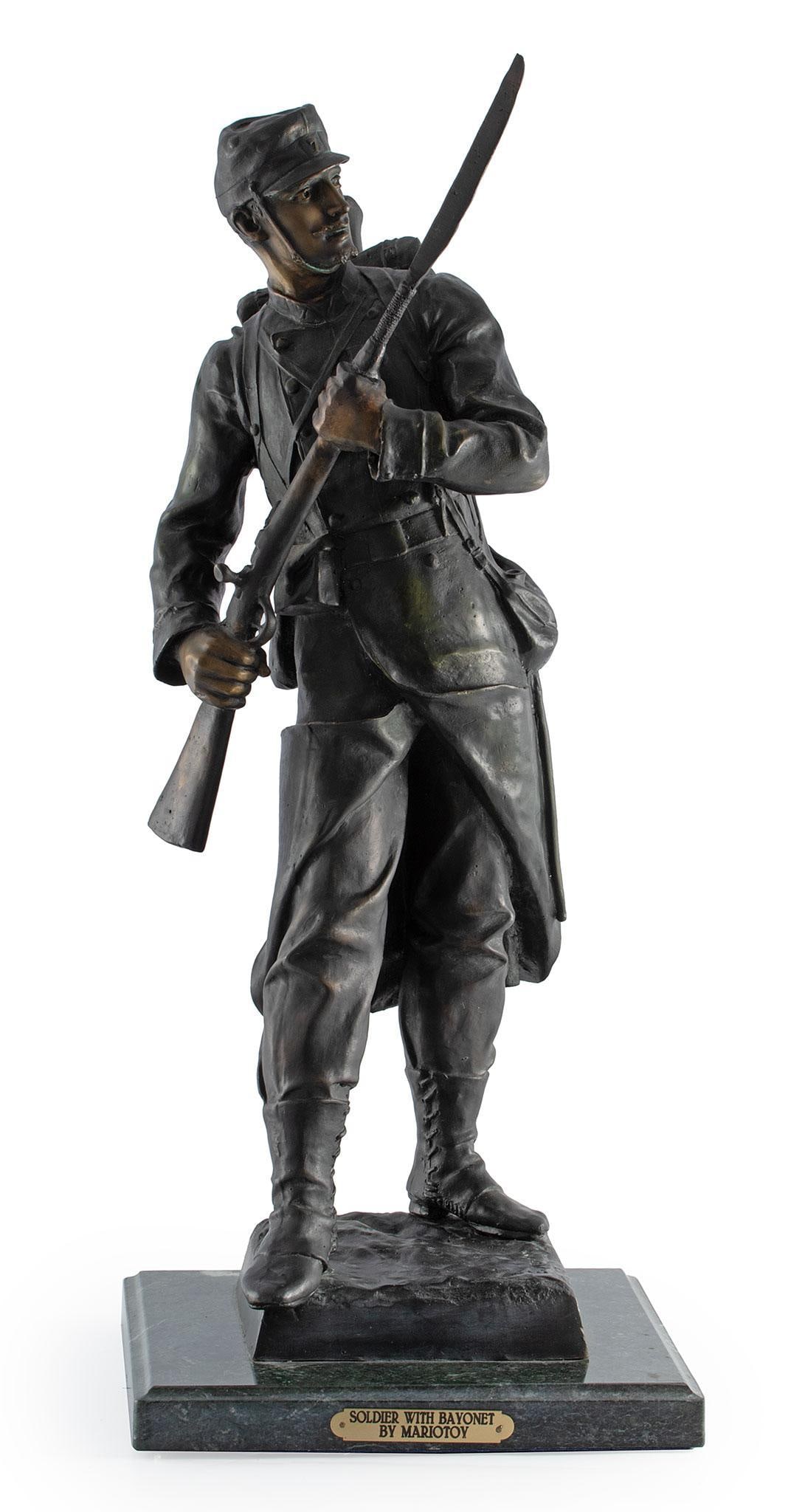 Soldier With Bayonet Bronze Sculpture by Eugene Marioton: Soldier with Bayonet Bronze Sculpture Singed on Base Eugene Marioton (French, 1854-1933) 25.5 x 9 inches (sculpture) Rising on Shaped Marble Base