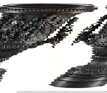 Italian Neoclassical Bronze Grand Tour Urn: An Italian Neoclassic Bronze Grand Tour Urn - Italian 19th century. A Neoclassic Warwick style grand tour urn, urn with overall dragooned and foliate decoration, the mother and children figural relief