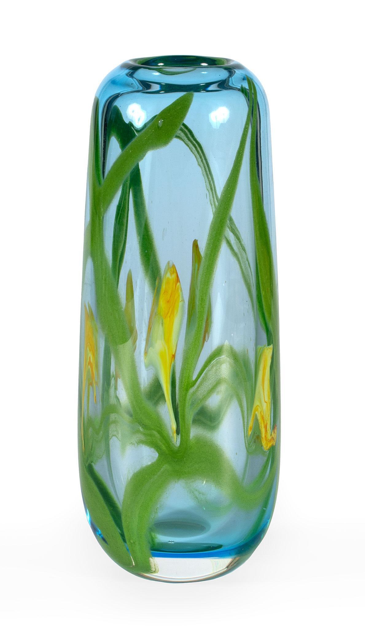 Labino Studios Baker Art Glass Vase: American, 20th century. A foliate decorated art glass vase signed Baker 5-1980; ht. 8, dia. 3 inches. Overall good condition.
