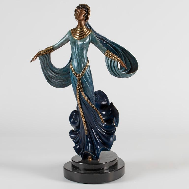 A Cold Painted Bronze Ecstacy by Erte (Romain de Tirtoff): Ecstacy cold painted and gilt bronze sculpture signed and dated "1989" "Seven Arts Ltd. London DS" "213/500" rising on shaped marble base ht. 19.5, wd. 12, dp. 9 inches. Overall good condition. Proven