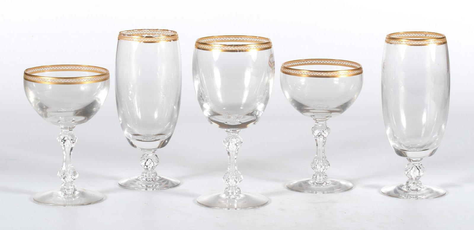 Tiffin Franciscan Roma Stemware: American, 20th century. A grouping of 12 Water and 12 Wine stemware glasses by Tiffin of Ohio; largest ht. 7 x dia. 3 inches. Overall good condition.