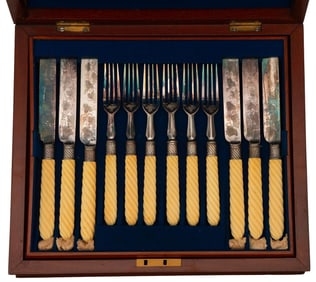 English Etched Silver and Bakelite Flatware