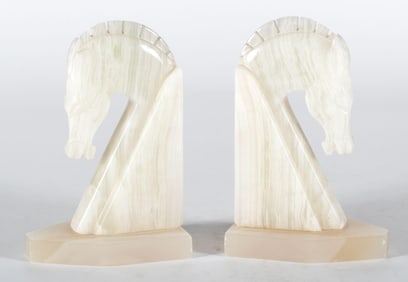 A Pair of Carved Onyx Trojan Horse Head Bookends