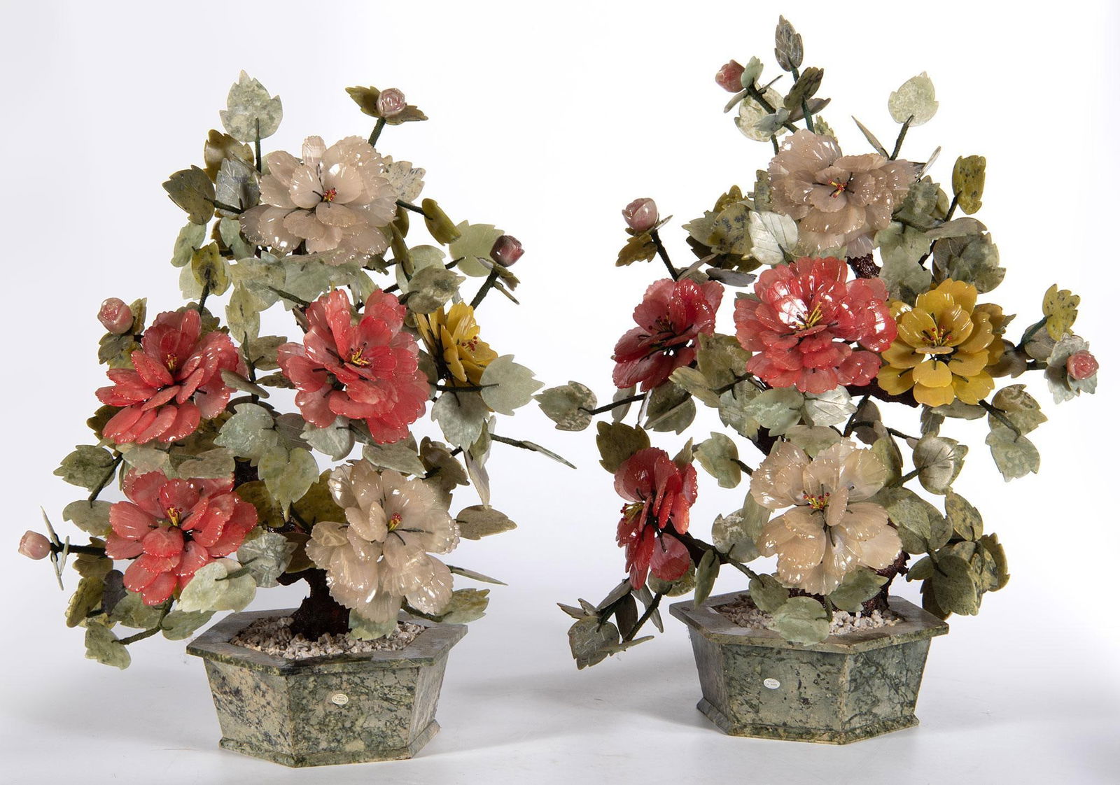 Pair of Carved Jade or Hardstone Flowering Bonsai Trees (1 of 2)