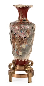 Large Late Meiji Period Japanese Pottery Vase on Base