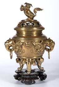 Chinese Brass Foo Dog Lidded Dragon Censer