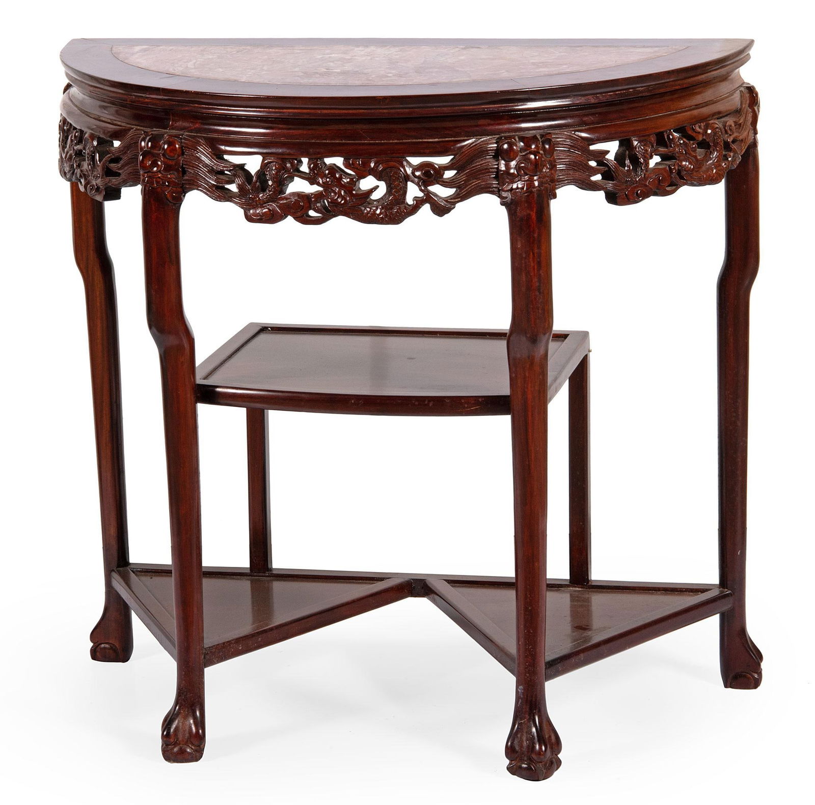 A Chinese Marble Top Rosewood Console Table: Chinese, early 20th century. An inset marble top console table in rosewood, having a semi circular surface with dragon carved and pierced apron, rising on cabriole legs with paw feet and two tiered sh