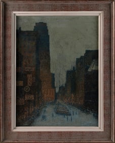 A Cincinnati Street Scene of Carew Tower Oil on Canvas