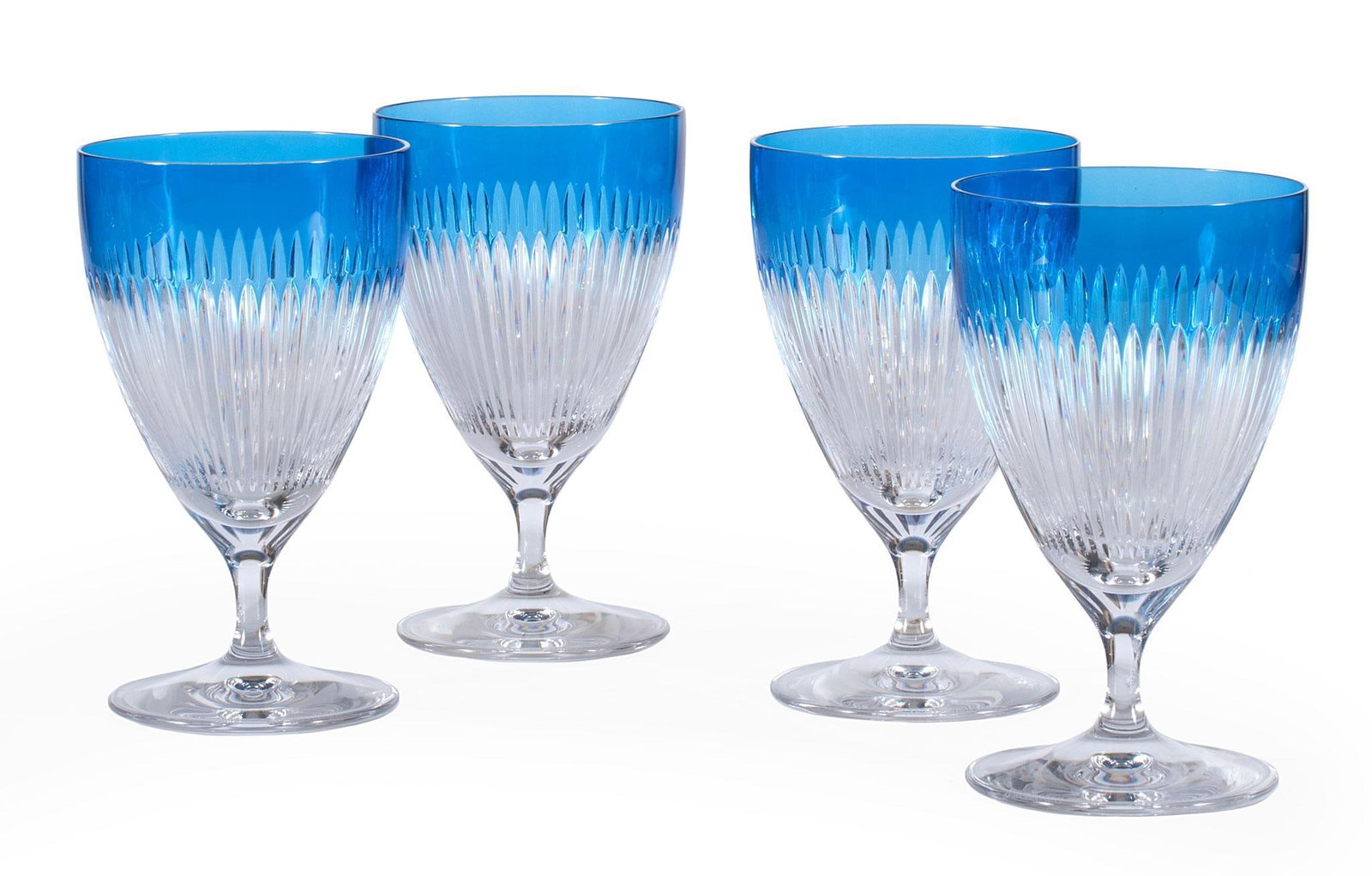 Waterford Argon Blue Crystal Stemwares: A group of 4 Waterford Argon Blue crystal all purpose stemware; ht. 6 x dia. 3.5 inches. Overall good condition.