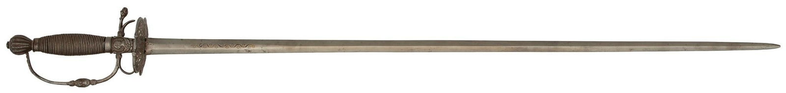 A Good Continental Relief Chisseled Steel Hilt Transitional Rapier Circa 1700: 31 inch diamond shape blade. The disk shaped shell guard chiseled in relief and pierced. The ricasso with high relief chiseled portrait bust on each side. Chiseled single quillon. D-guard with chisele