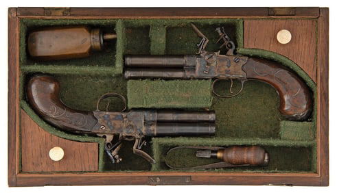 Cased Pair Of Tap Action Over/Under Flintlock Pistols