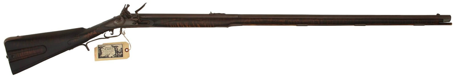 Contemporary Daniel Boone Longrifle, Hunting Pouch, and Powder Horn By M. Brooks: .54 caliber smooth bore. 44" octagonal to round barrel, Barrel by Getz, Early style heavy butt stock with cheek piece and sliding wood patchbox. Iron furniture with maple Stock with raised carving and