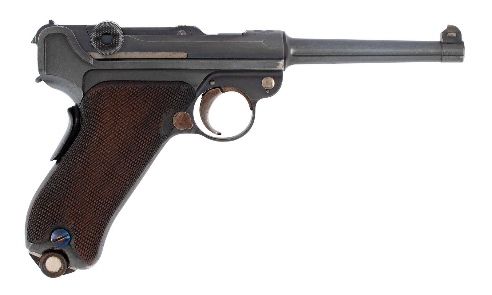 **Model 1906 Swiss Luger: .30 caliber, 4.75" barrel, S/N 6828, Blue finish, checkered walnut grips. Swiss cross on top of the toggle. Swiss markings on the left side of the frame near the breech. Still retains a lot of the blu