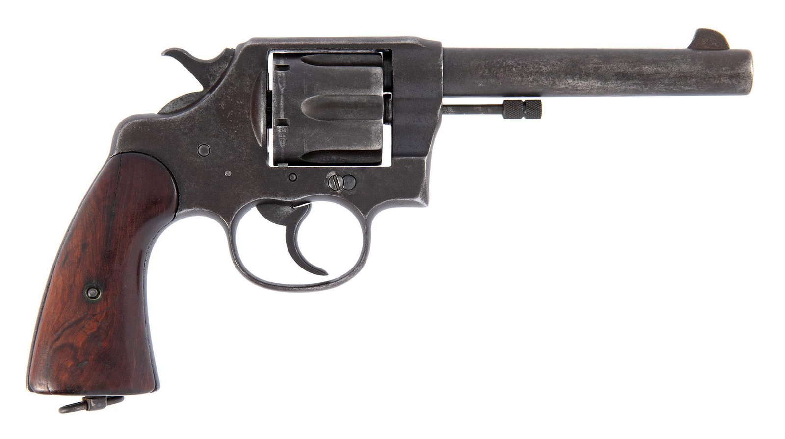 **Colt Model 1909 U.S. Marked Army Revolver: .45 colt caliber, 5.5" barrel, S/N 31756, Most of the finish has turned brown with some staining. The grips are worn. The markings on the bottom are dim but there. The bore is very good.