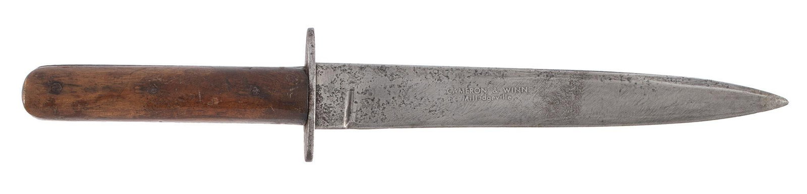 Confederate Made Bowie Knife: 8" spear point blade with an overall length of 13". Forged steel bladed with steel guard and walnut grips. Etched panels were added later to ID where the knife was used. Left side of the blade etched 